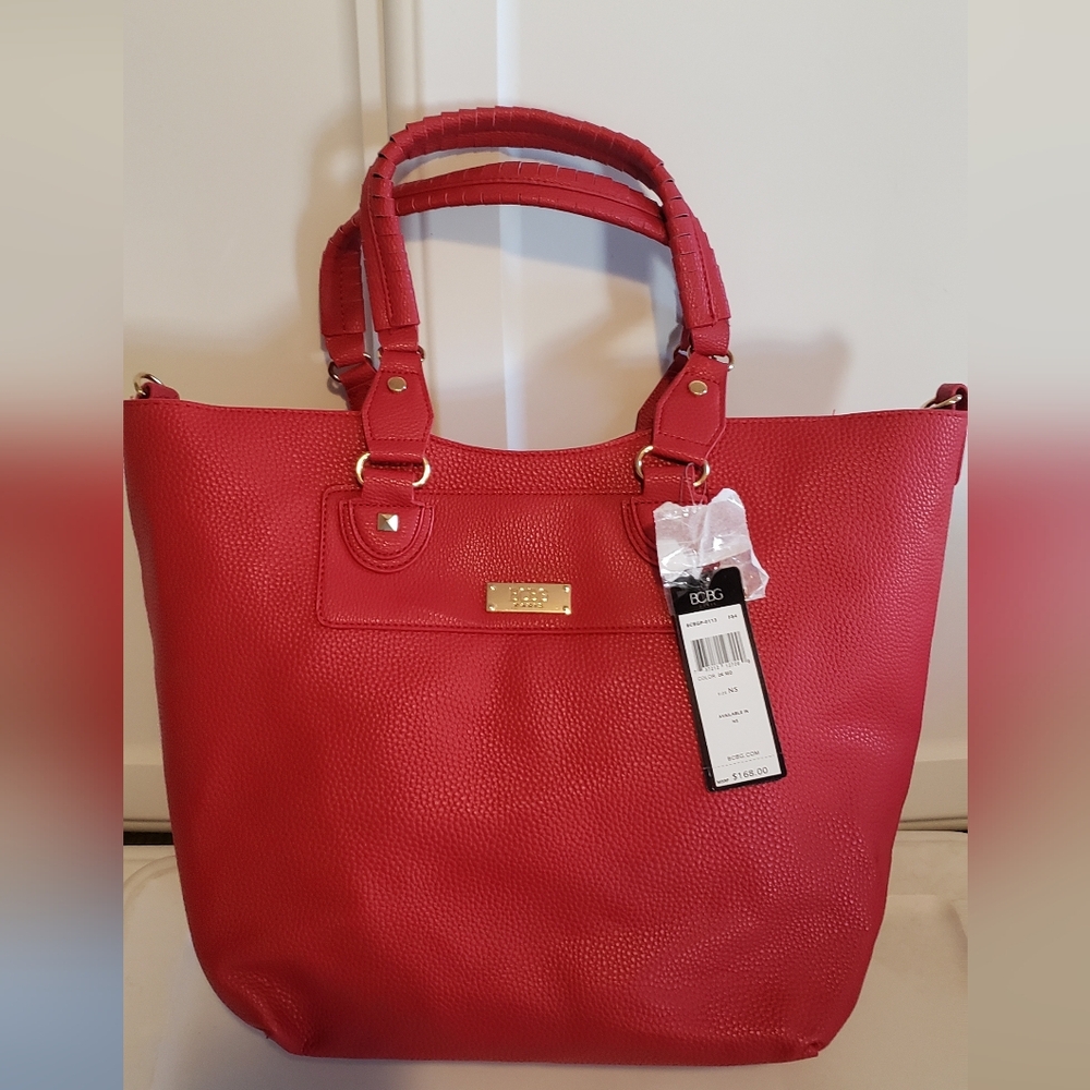 BCBG Red Pebbled Tote with Gold Hardware